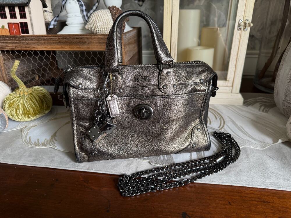 Coach Rhyder 24 Metallic Gunmetal Leather Satchel Bag Purse